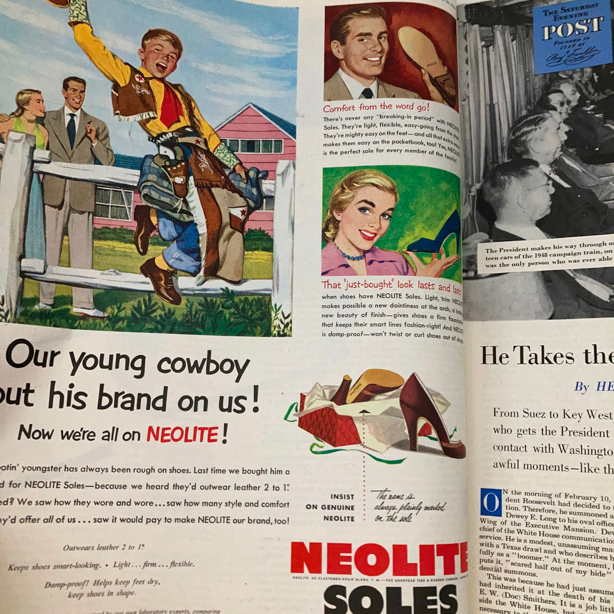 Advertisement page from the Saturday Evening Post Magazine June 16, 1951, showcasing Neolite shoe soles with colorful illustrations of children and adults.