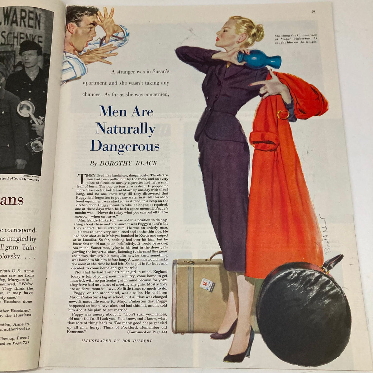Illustrated interior page from the Saturday Evening Post Magazine December 27, 1952, presenting the beginning of the story 'Men Are Naturally Dangerous' by Dorothy Black, accompanied by artwork by Bob Hilbert.
