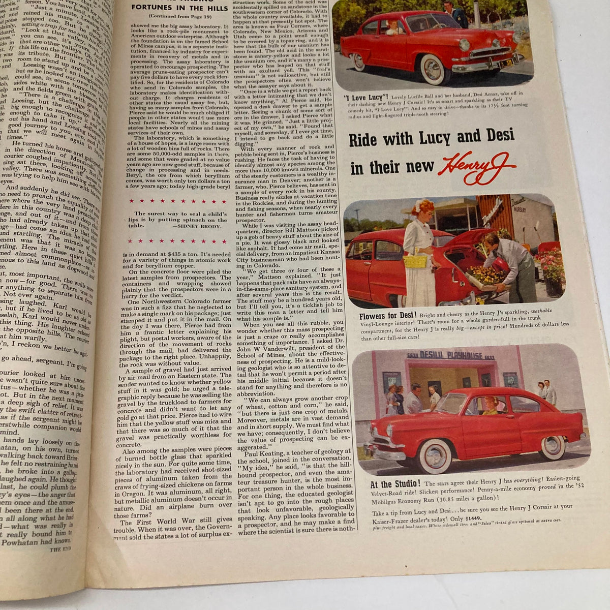 Content page from the Saturday Evening Post Magazine August 23 1952, featuring articles about life, culture, and notable automobiles from the 1950s.