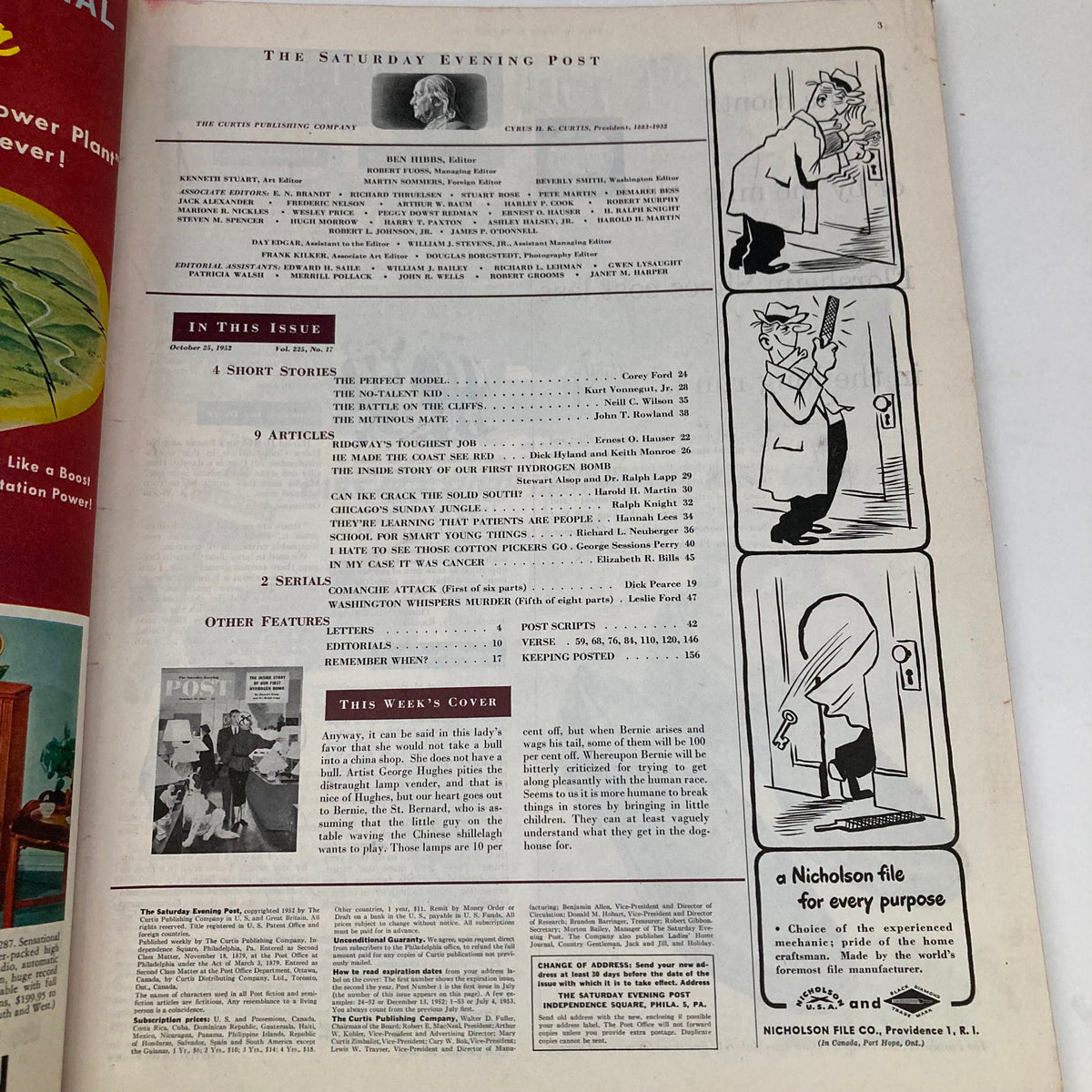 Interior page of the Saturday Evening Post Magazine October 25, 1952 displaying the contents and articles of the issue, with a humorous illustration and details about the cover.
