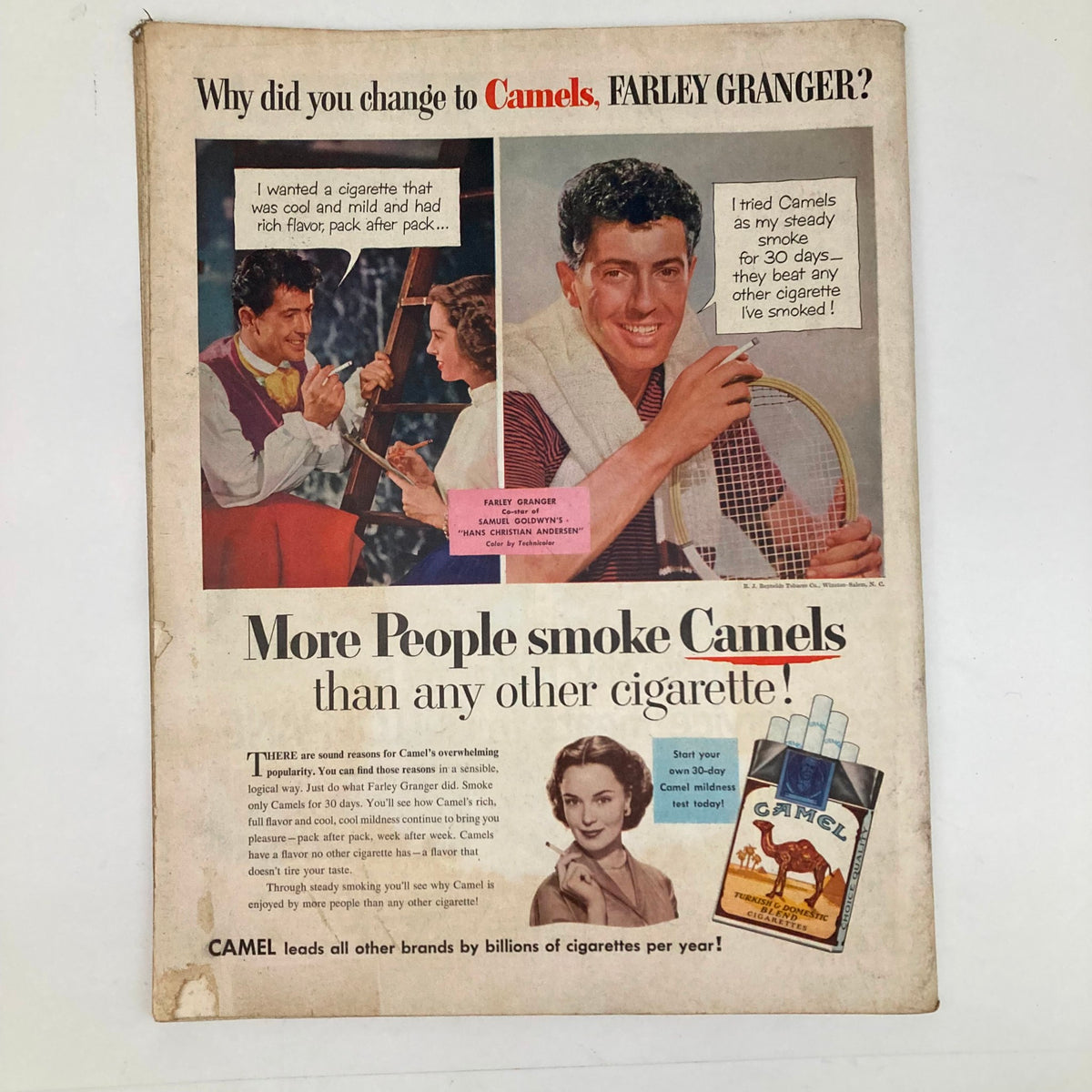 Retro advertisement showcasing actor Farley Granger recommending Camel cigarettes, from the Saturday Evening Post Magazine October 25 1952.
