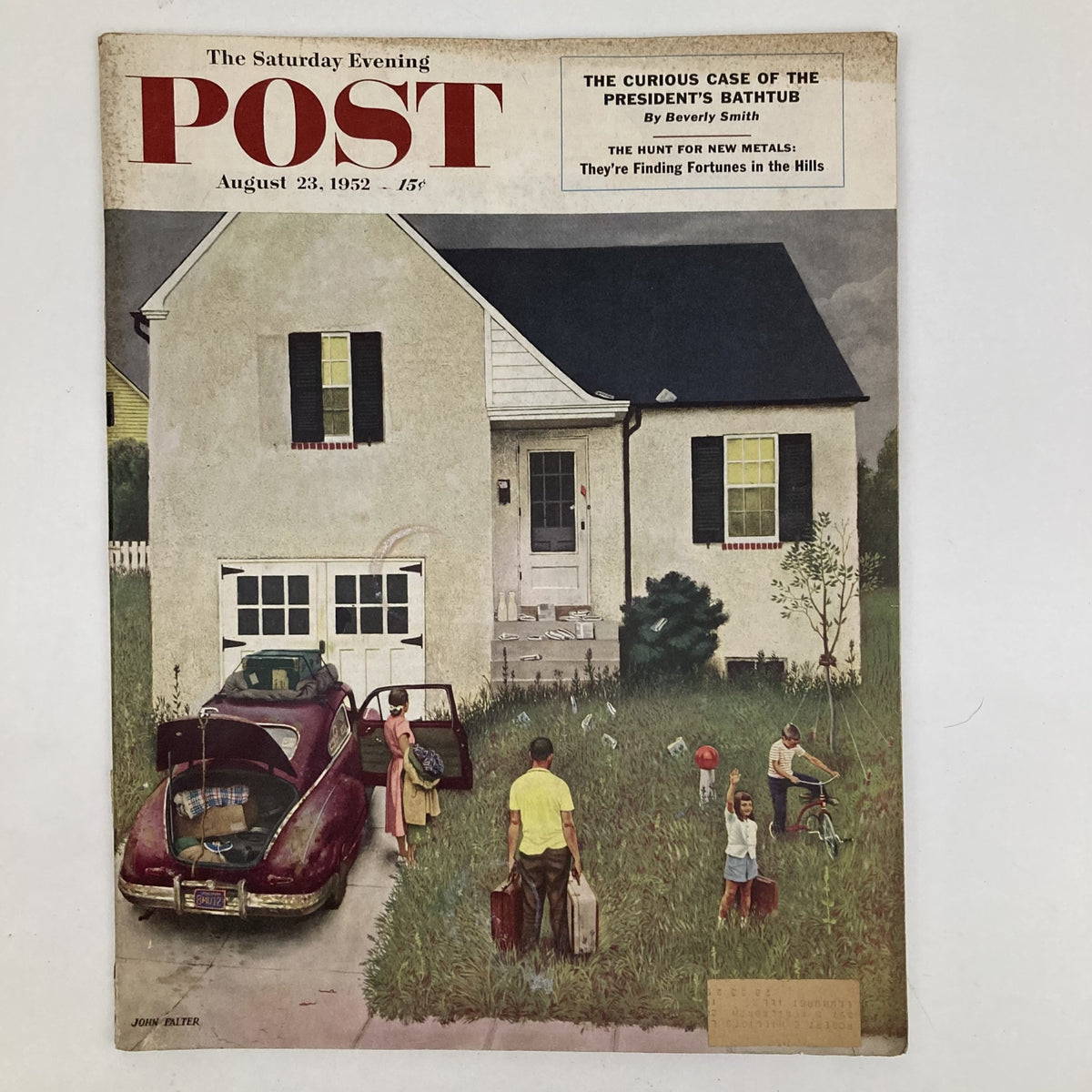 Saturday Evening Post Magazine August 23, 1952 illustrated cover by John Falter, depicting a family loading their car outside a home, showcasing mid-20th century American culture.