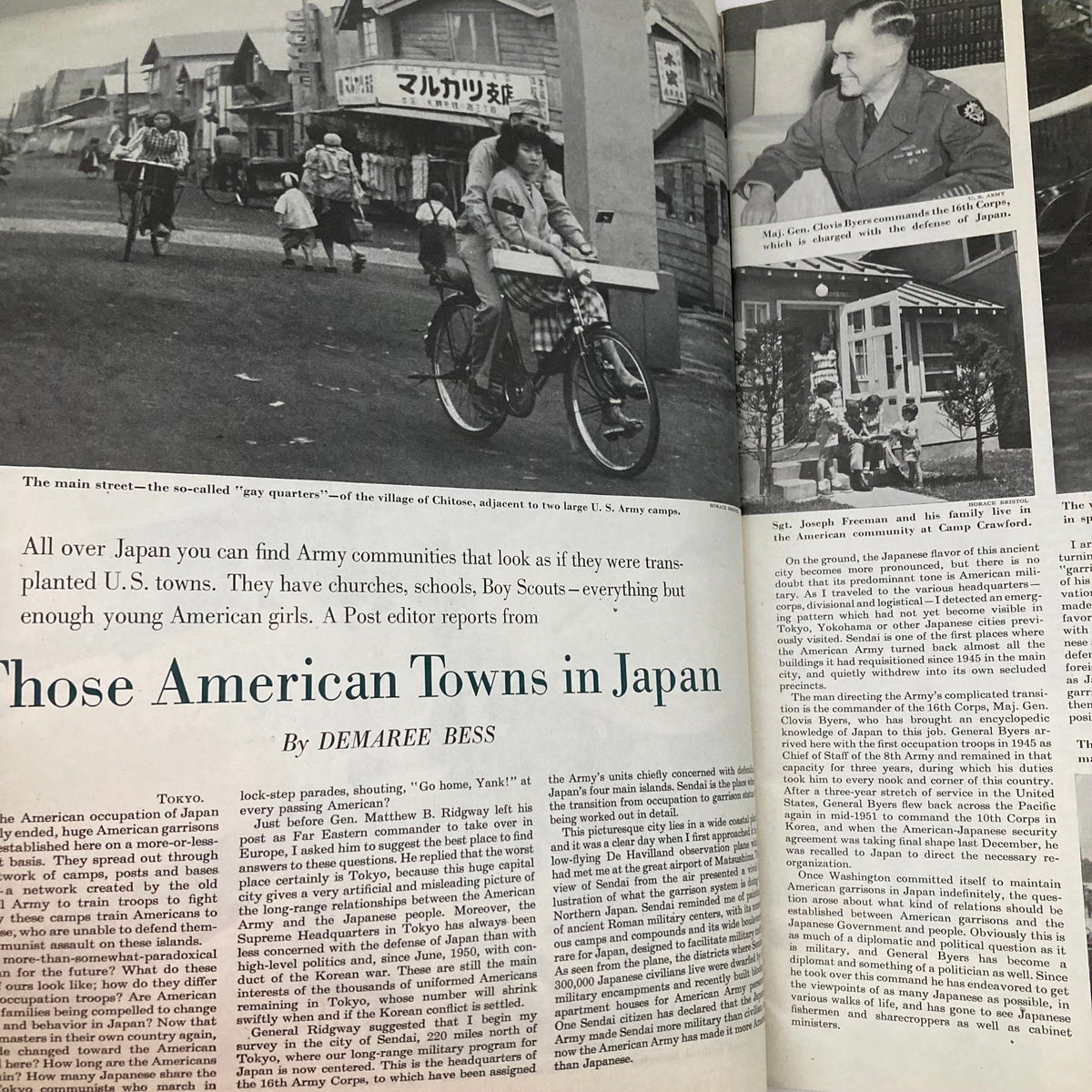 Inside spread of the Saturday Evening Post Magazine August 23 1952 featuring an article titled 'Those American Towns in Japan' with images depicting American communities in Japan, highlighting cultural interactions.