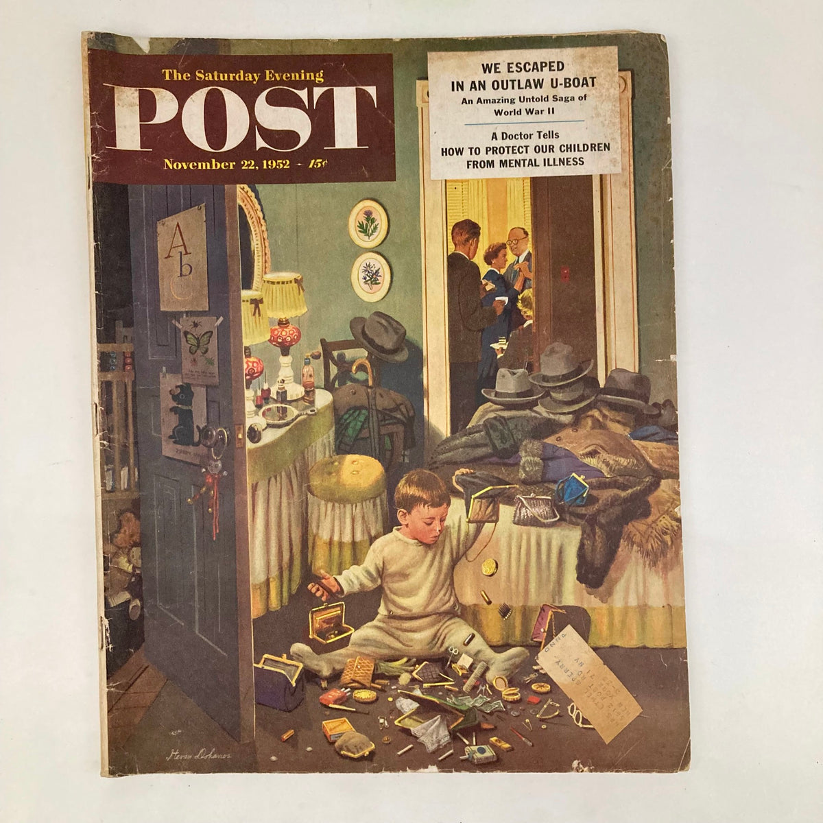 Cover of the Saturday Evening Post Magazine November 22, 1952, featuring the artwork 'Hats & Coats' by Stevan Dohanos, showcasing a boy surrounded by hats and coat items, capturing the essence of early 1950s fashion.