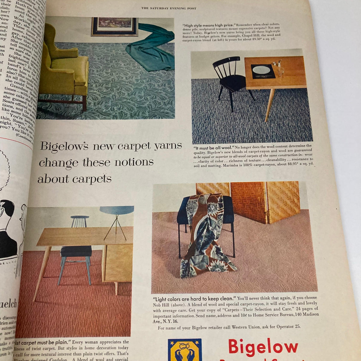 Bigelow Carpets advertisement displaying different carpet designs and styles in the Saturday Evening Post Magazine, November 22, 1952.