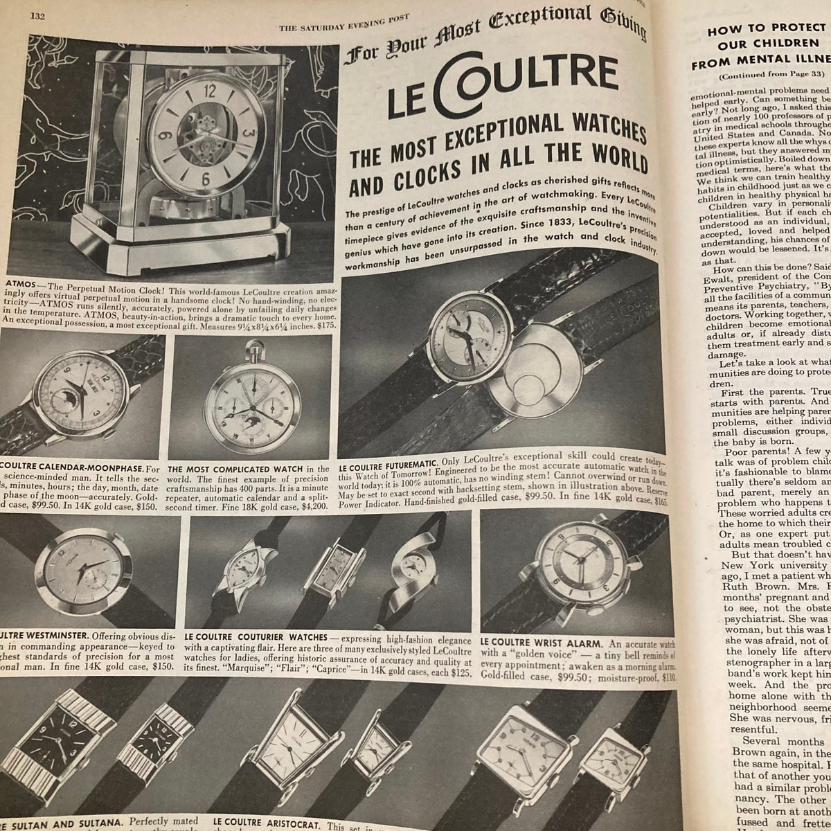 LeCoultre watches and clocks advertisement highlighting luxurious timepieces in the Saturday Evening Post Magazine, November 22, 1952.