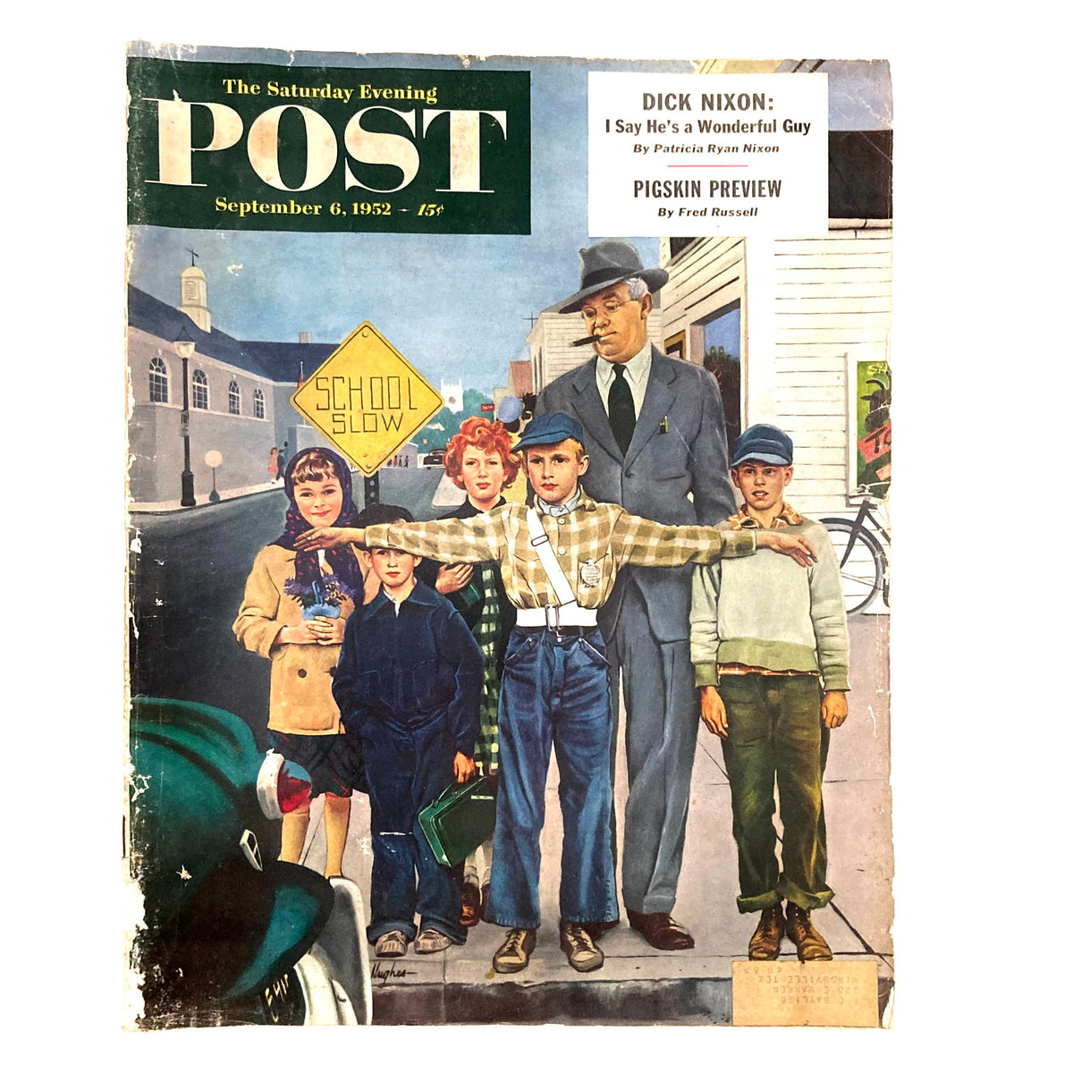 Cover of the Saturday Evening Post Magazine from September 6, 1952 featuring a traffic cop illustration by George Hughes, showcasing children and a school zone sign.