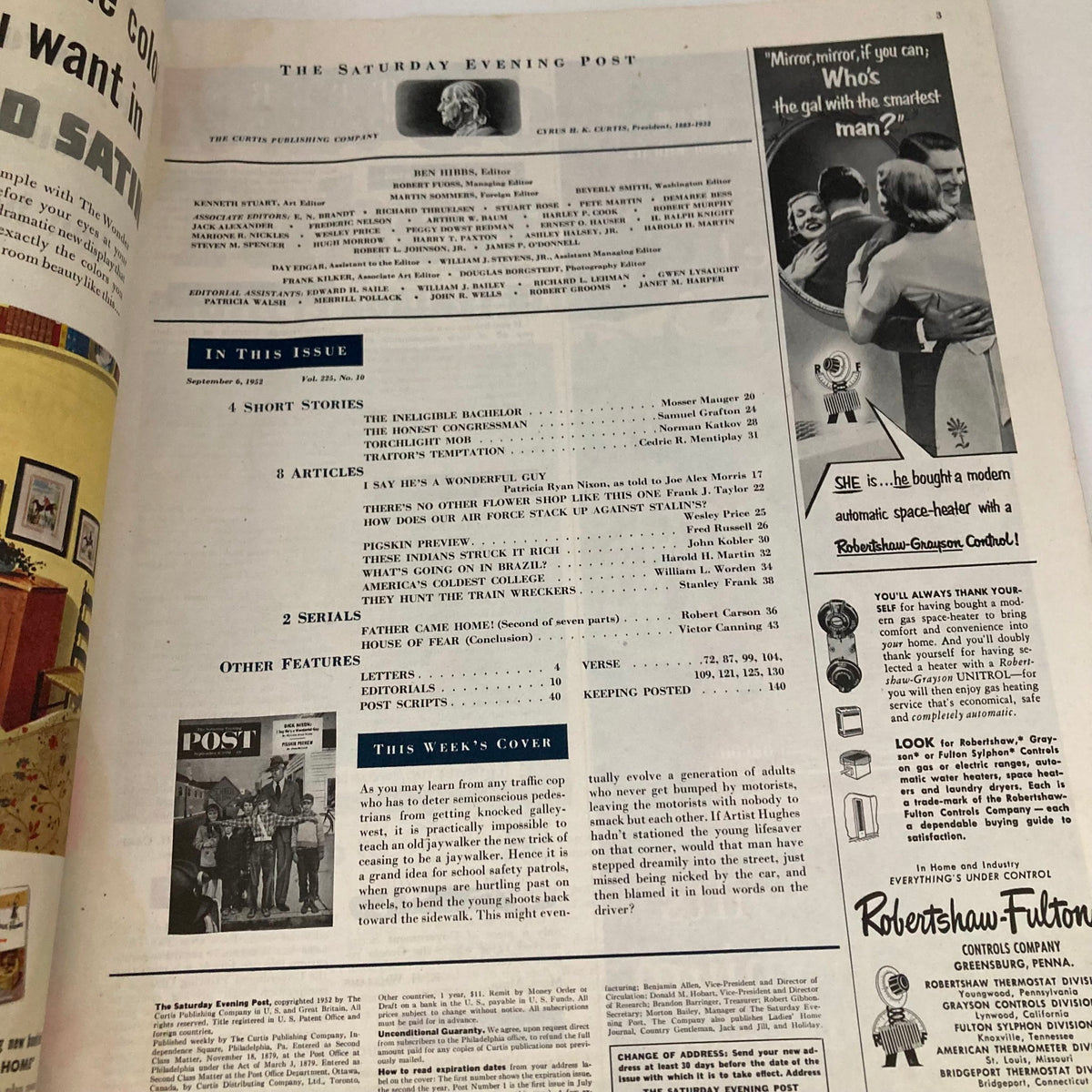 Inside page of the Saturday Evening Post Magazine from September 6, 1952, displaying the table of contents and features of the issue.