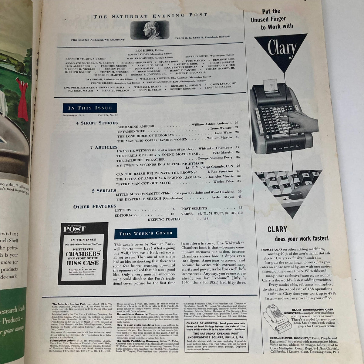 Inside page of the Saturday Evening Post Magazine February 9 1952 showcasing the contents and introductory details of the issue.