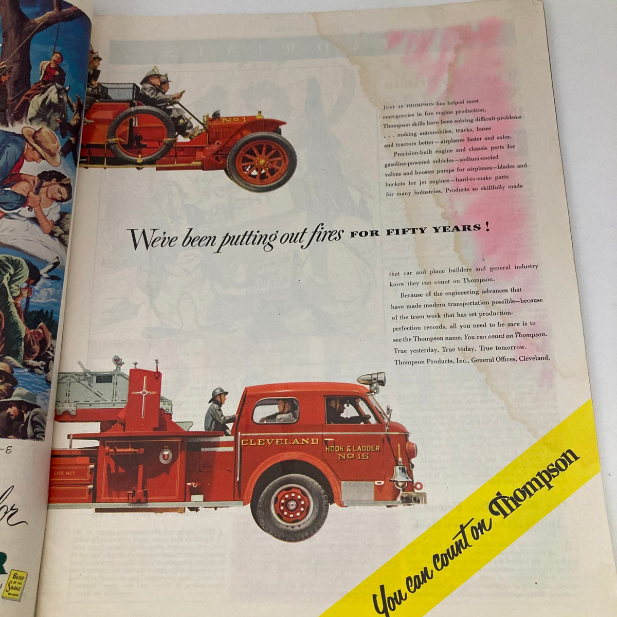 Advertisements page from the Saturday Evening Post Magazine February 9 1952 featuring fire trucks and a call to action for Thompson Products.