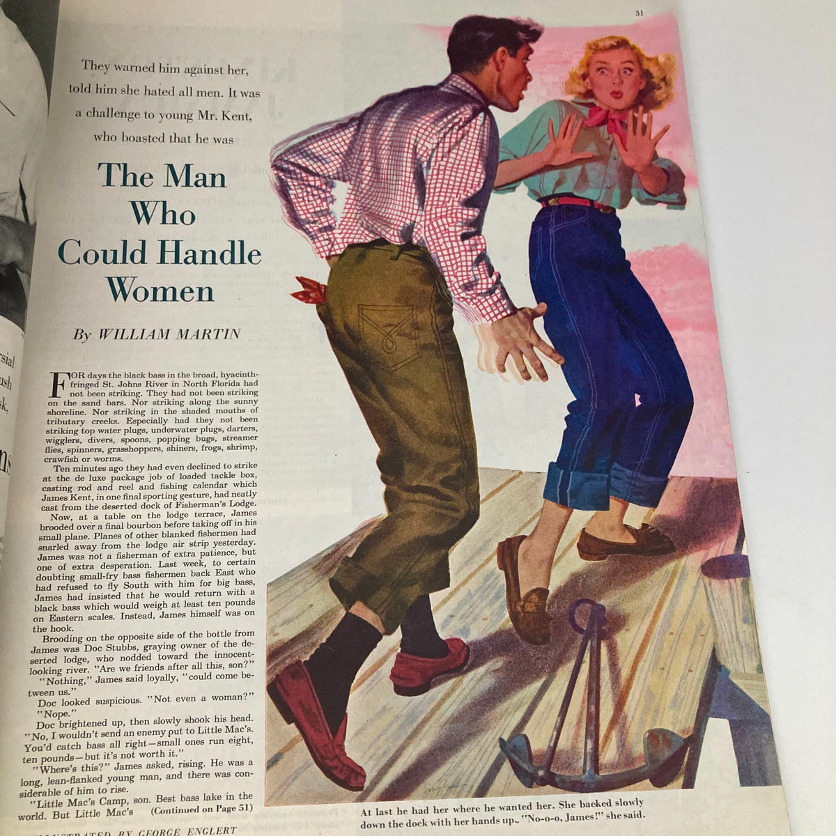 Illustrative story page from the Saturday Evening Post Magazine February 9 1952 depicting a narrative scene titled 'The Man Who Could Handle Women'.