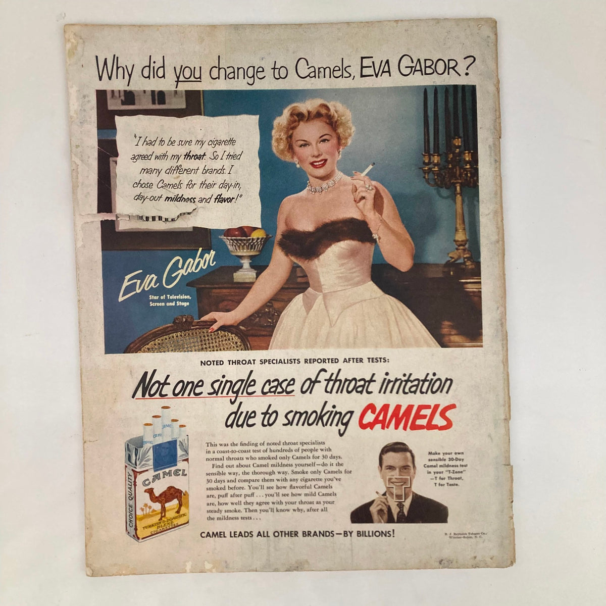 Ad page featuring Eva Gabor in the Saturday Evening Post Magazine February 9 1952, promoting Camel cigarettes with an endorsement.