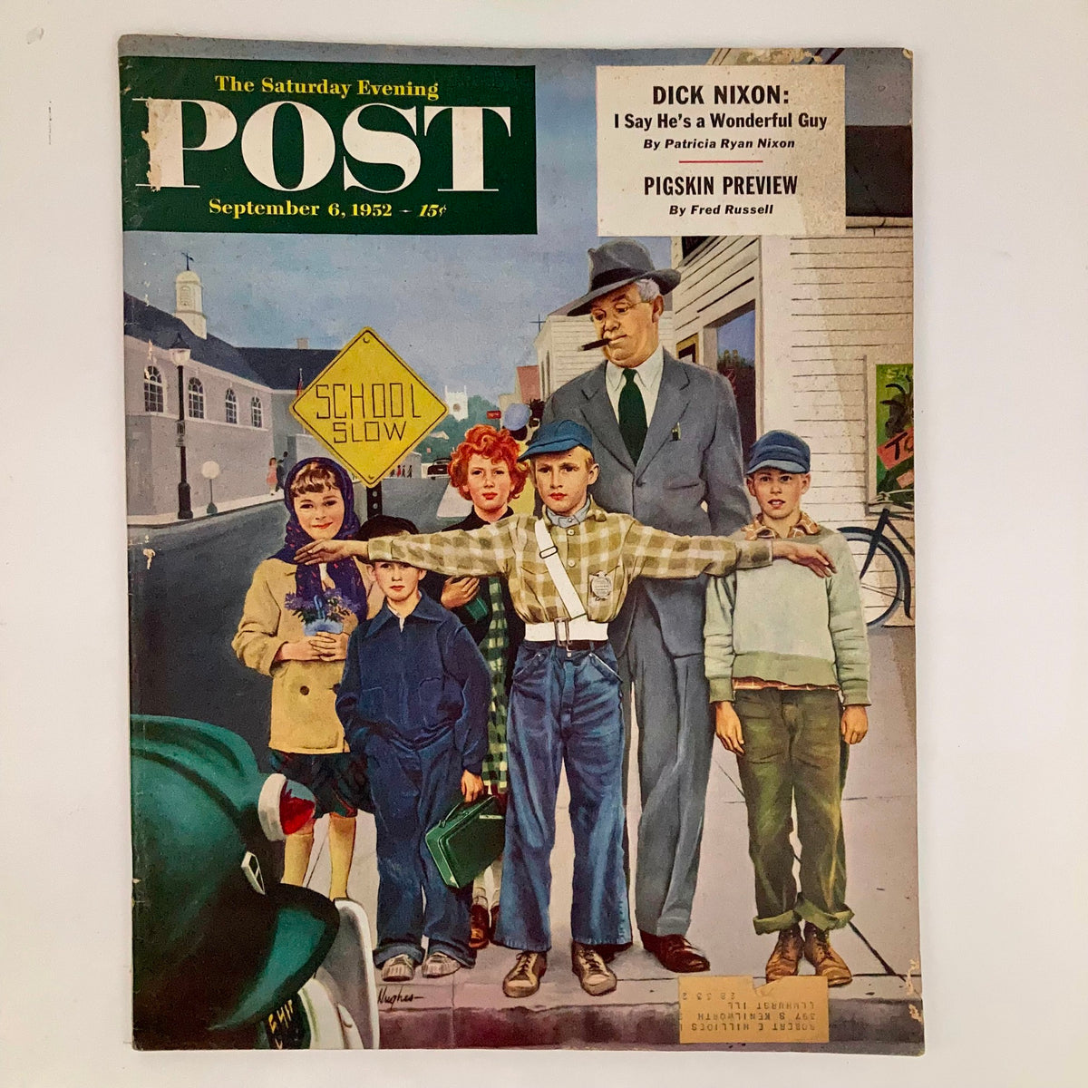 Cover of the Saturday Evening Post Magazine from September 6, 1952, featuring the illustration 'Old Jaywalker' by George Hughes, depicting children in a colorful street scene with a traffic sign.