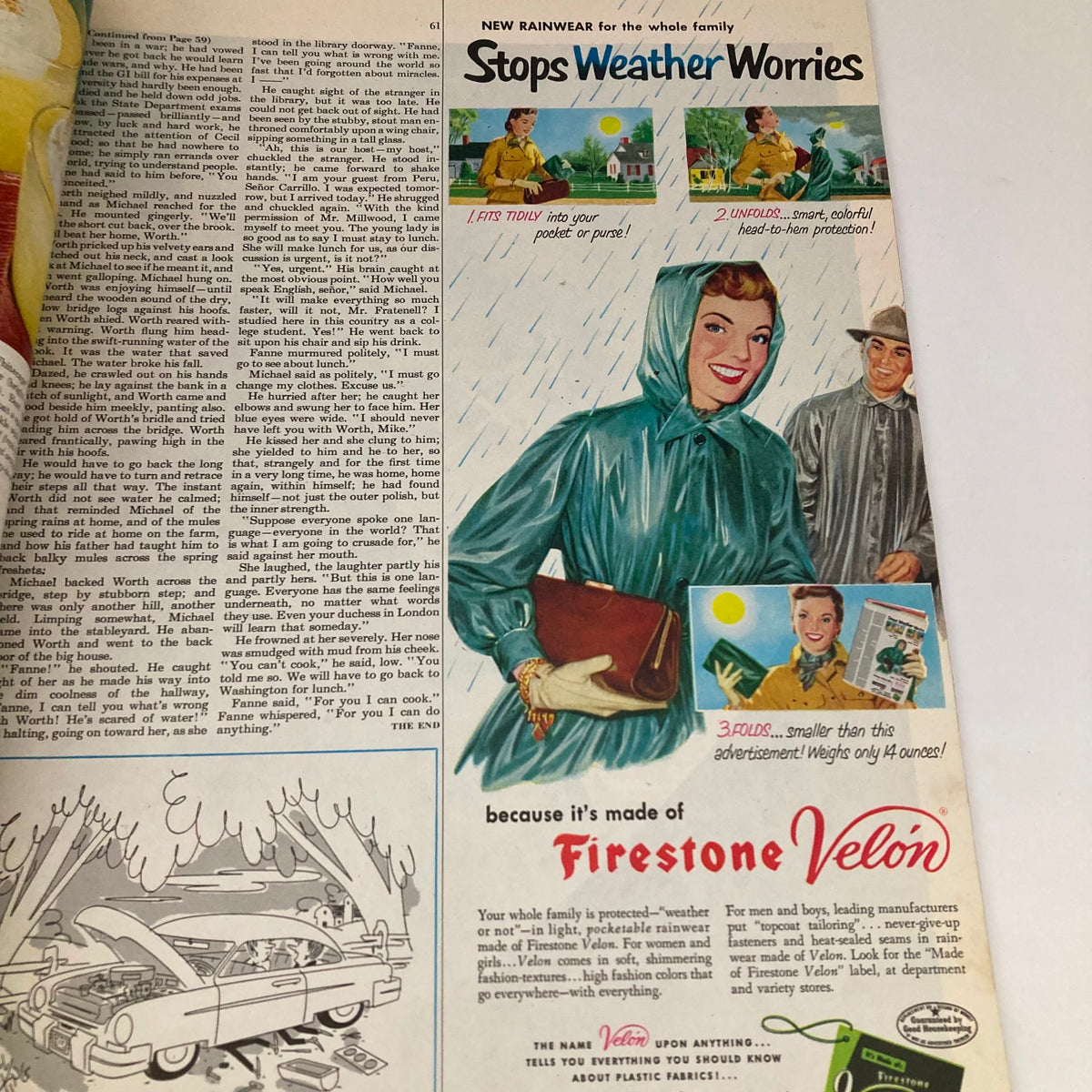 Interior page of Saturday Evening Post Magazine September 6 1952 showcasing a vintage rainwear advertisement, featuring a woman smiling in a raincoat with the caption 'Stops Weather Worries'.