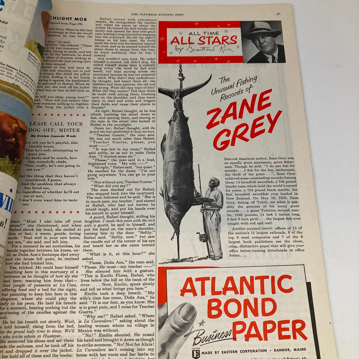 Interior page of Saturday Evening Post Magazine September 6 1952 featuring an article titled 'All Time All Stars' about Zane Grey, accompanied by a vintage black and white illustration of a fisherman.