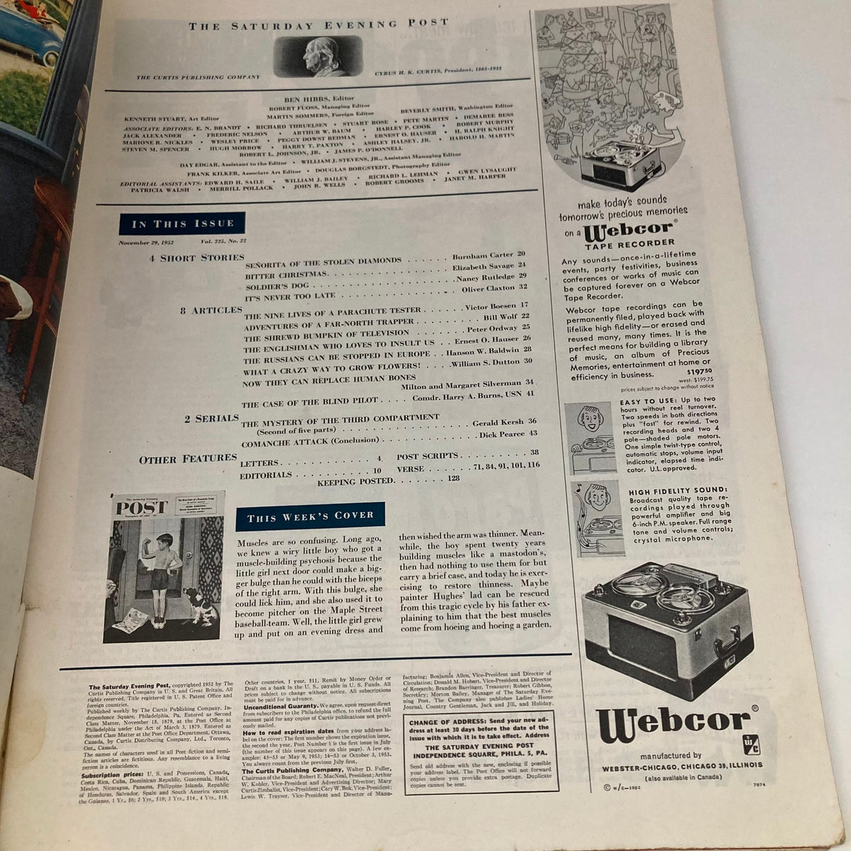 Contents page of the Saturday Evening Post Magazine, November 29, 1952, listing articles including 'The Nine Lives of a Parachute Tester' and other features.