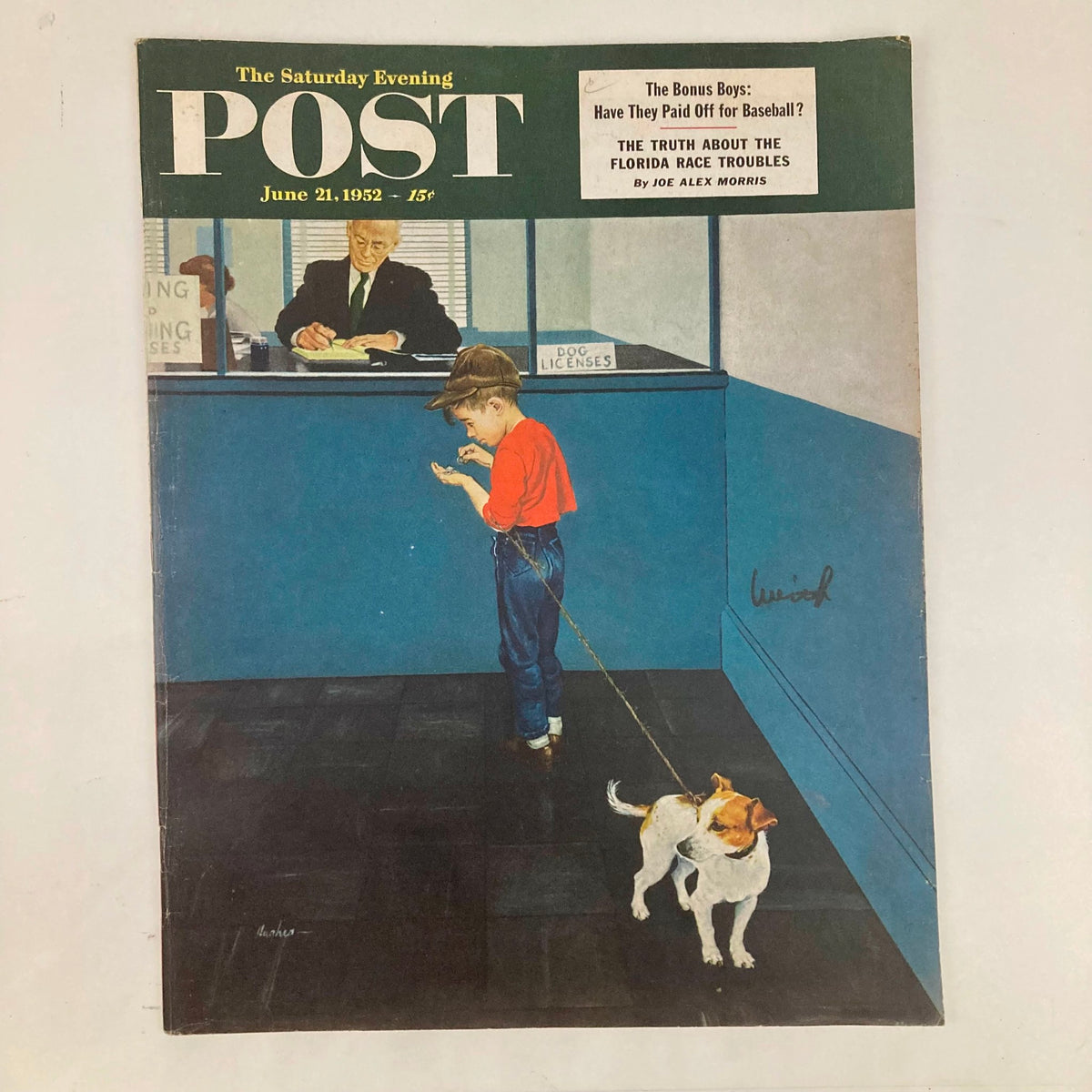 Cover of Saturday Evening Post Magazine June 21 1952 featuring a young boy with a dog at a counter, capturing mid-20th century American culture.