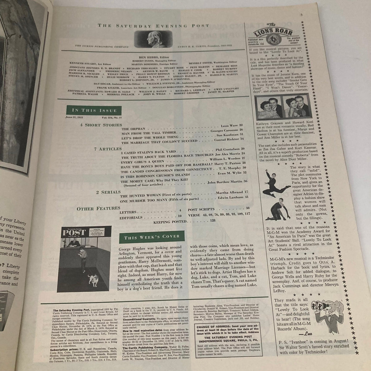 Inside page of the Saturday Evening Post Magazine dated June 21 1952, featuring contents and articles such as short stories and serials.
