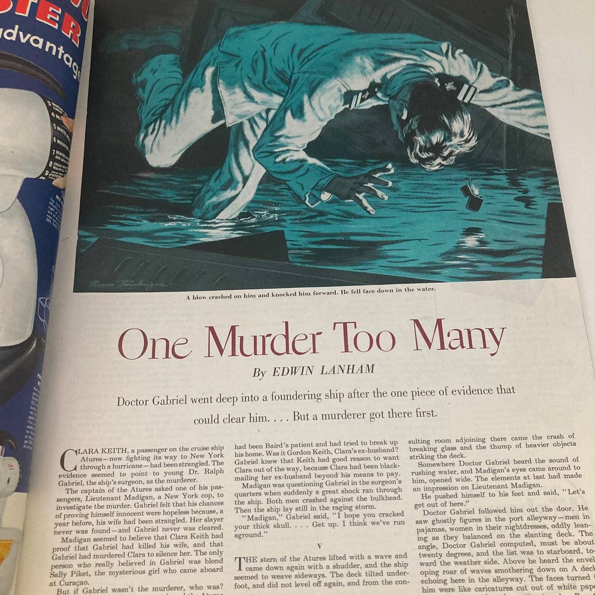 Illustration related to the story 'One Murder Too Many' featured in the Saturday Evening Post Magazine June 21 1952 depicting intense suspense.