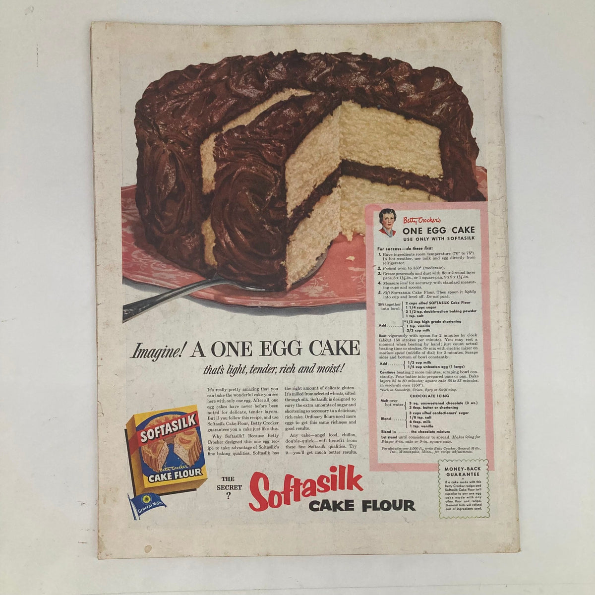 Recipe advertisement for a one egg cake using Softasilk Cake Flour from the Saturday Evening Post Magazine June 21 1952.