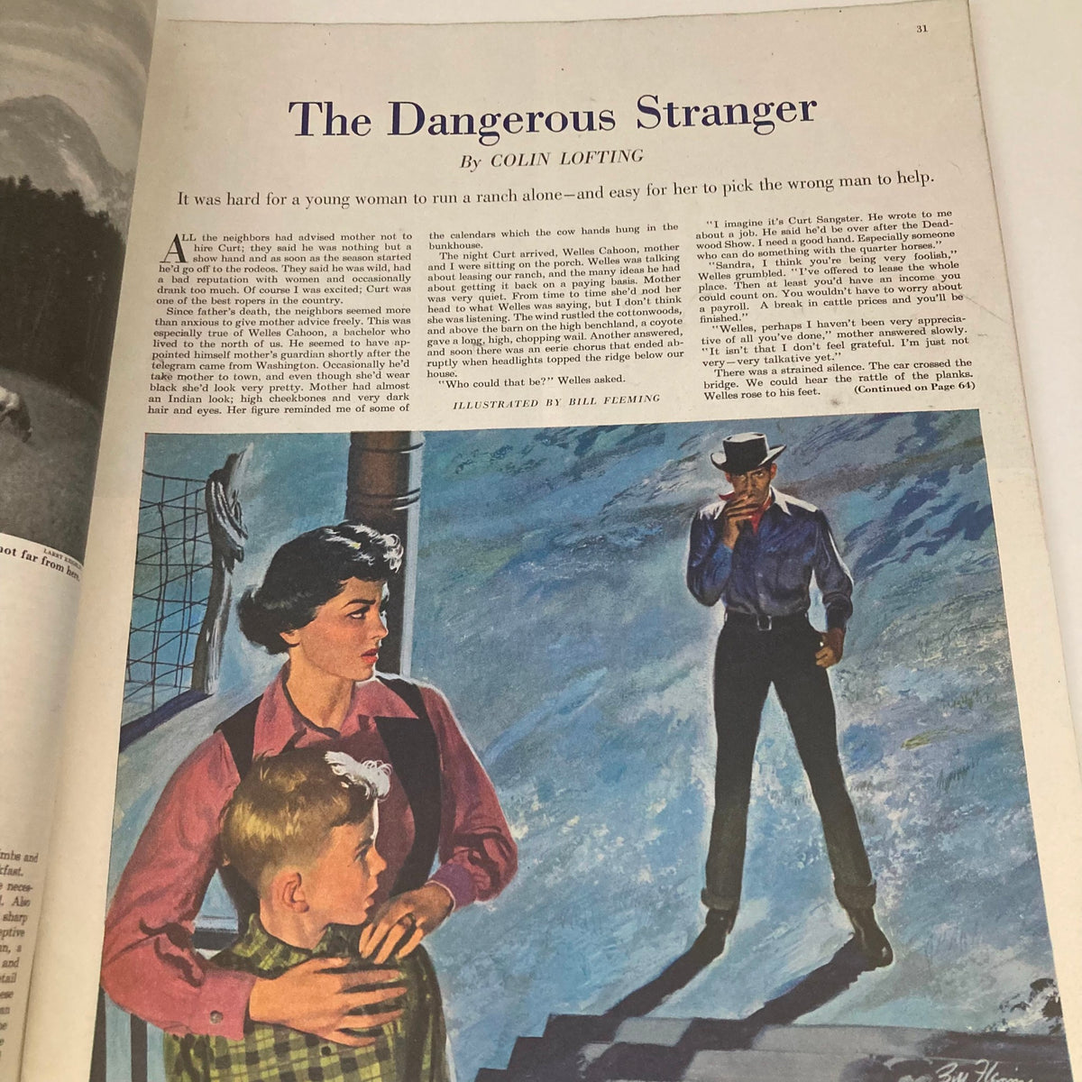 Story page from the Saturday Evening Post Magazine, May 31, 1952, featuring the narrative 'The Dangerous Stranger' by Colin Lofting, illustrated by Bill Fleming.