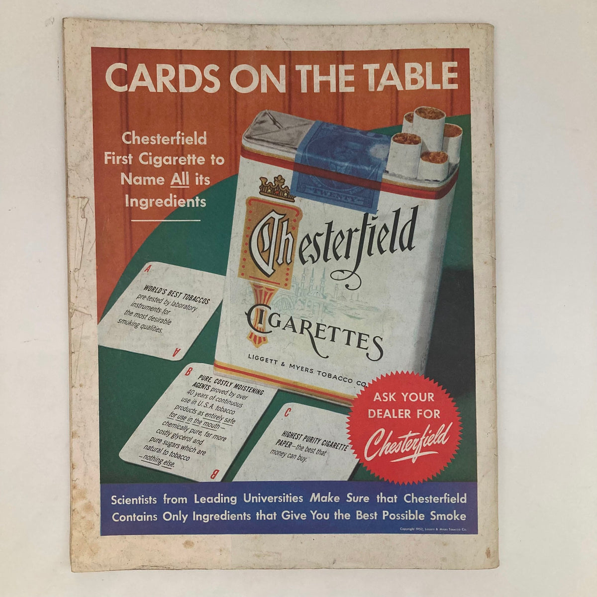 Chesterfield cigarette advertisement highlighting the brand's commitment to quality and ingredients, featured in the Saturday Evening Post Magazine May 31 1952.