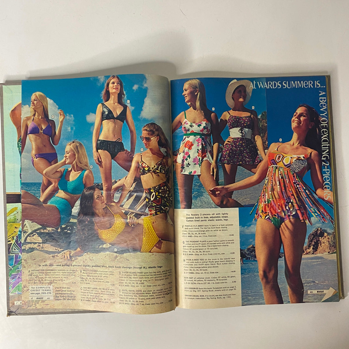 Open pages from the 1971 Montgomery Ward Summer Catalog displaying various swimsuit styles on models, capturing the essence of 1970s beach fashion.