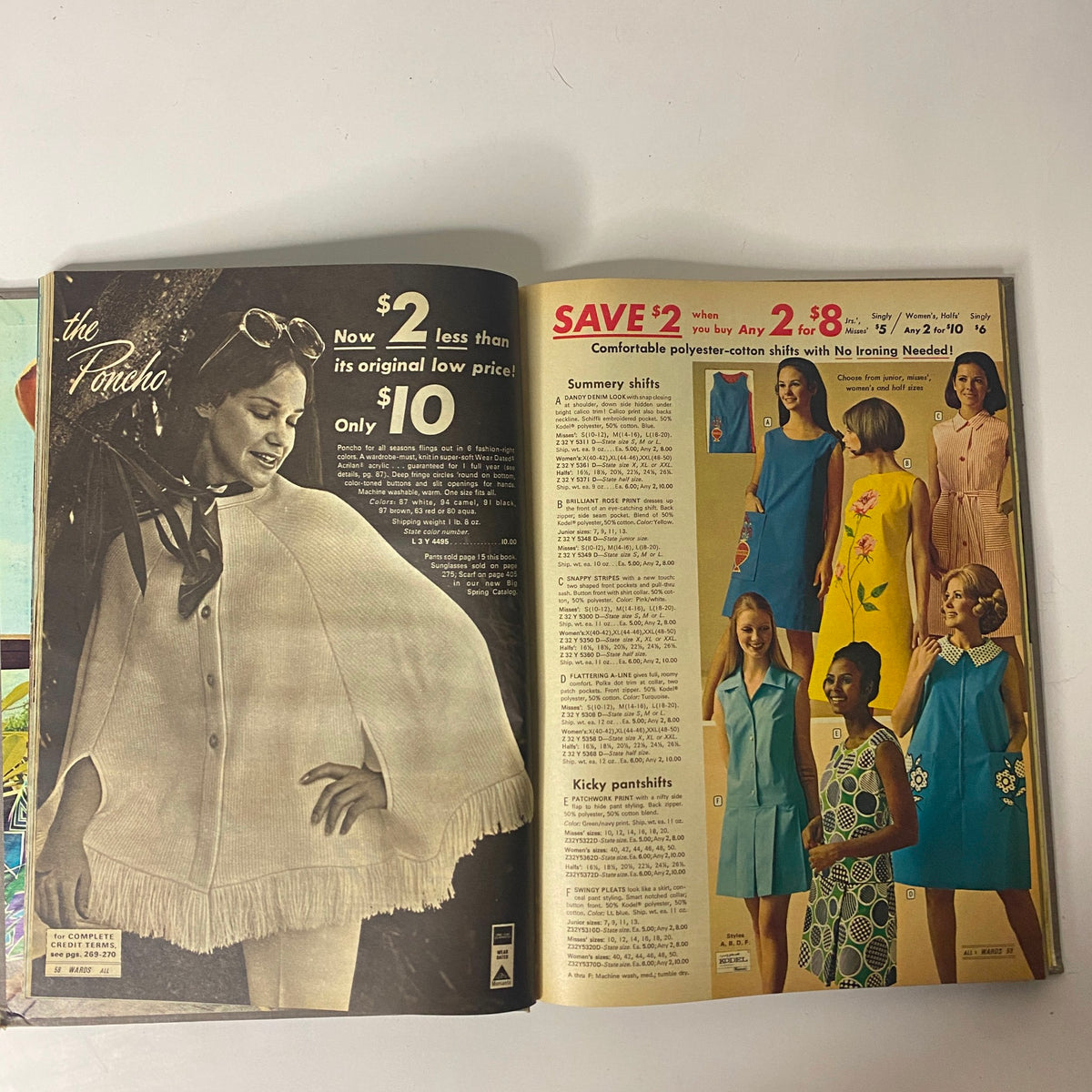 Inside pages of the 1971 Montgomery Ward Summer Catalog displaying various summer dresses and panchos for women, highlighting stylish options for warm weather.