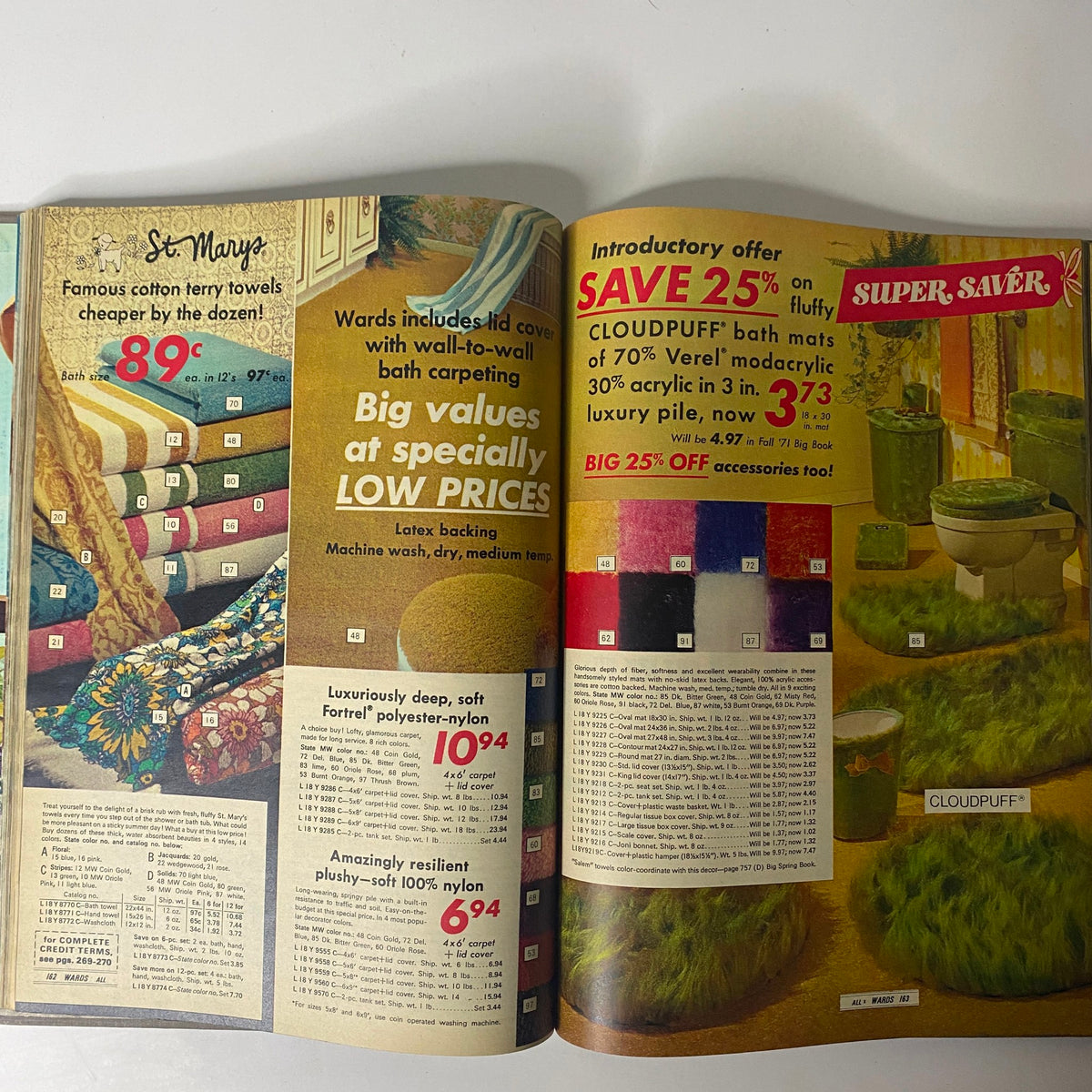 Inside pages of the 1971 Montgomery Ward Summer Catalog presenting home decor items including colorful bath carpets and mats at special low prices.