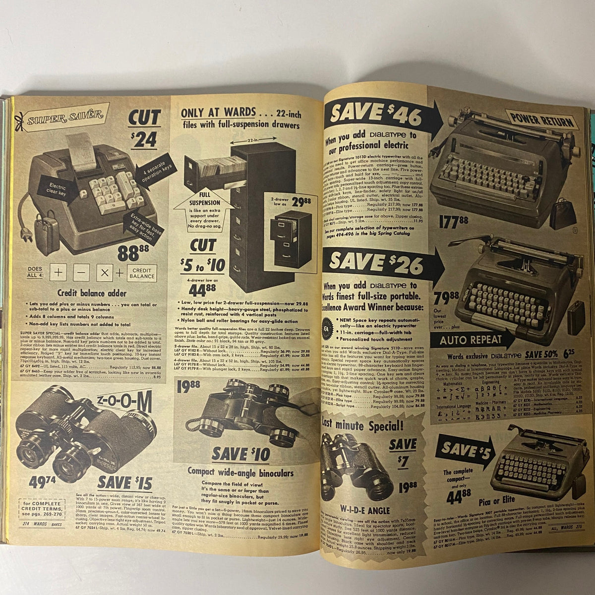 1971 Montgomery Ward Summer Catalog showcasing vintage office supplies including typewriters, calculators, and binoculars on pages filled with retro advertisements.