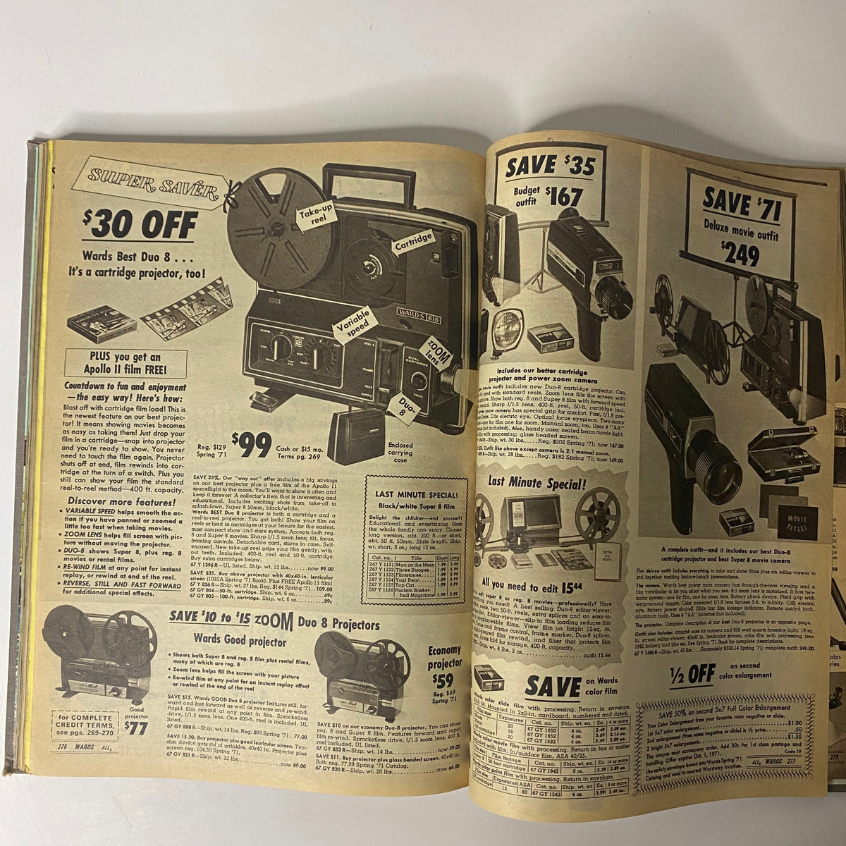 1971 Montgomery Ward Summer Catalog highlighting cartridge projectors, film cameras, and related accessories within vintage product promotions.