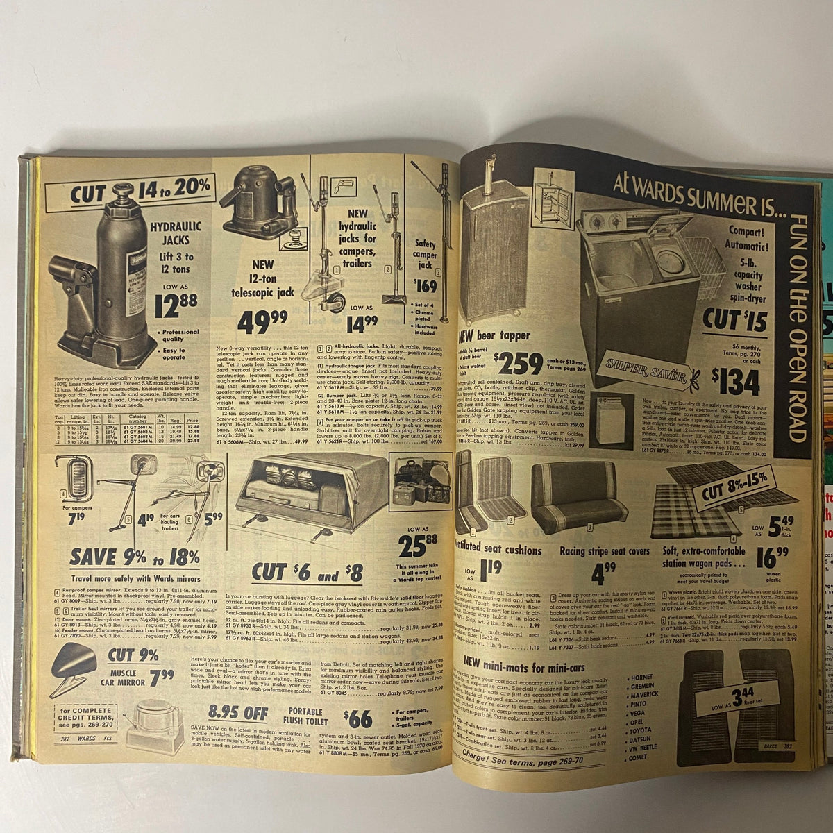 1971 Montgomery Ward Summer Catalog featuring a variety of summer gear including hydraulic jacks, beer tappers, and portable flush toilets in a nostalgic layout.