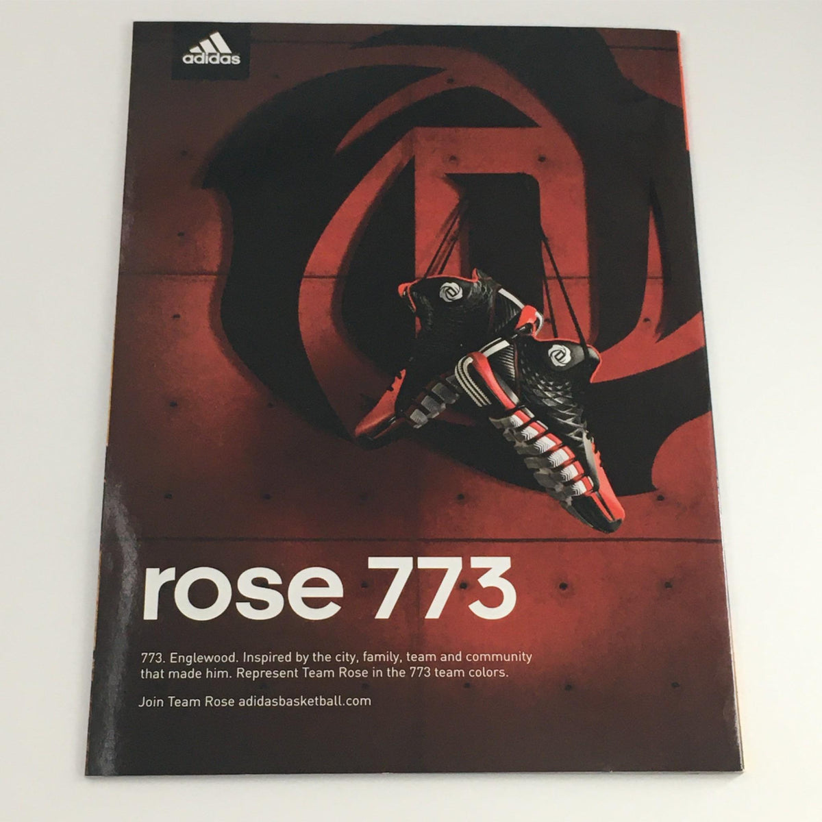 Adidas advertisement showcasing the rose 773 basketball shoes, inspired by the city, family, team, and community that made Derrick Rose, alongside the phrase 'Join Team Rose'.