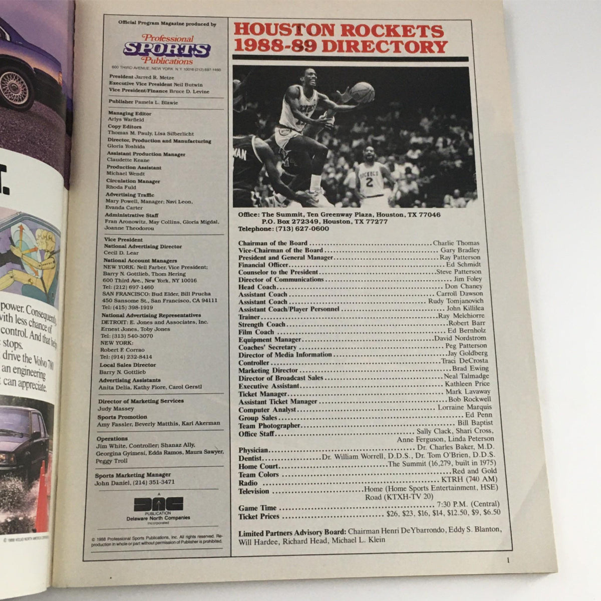 Page from the 1988 Hoop Magazine featuring the Houston Rockets 1988-89 Directory, showcasing team managers and personnel. A vintage basketball collectible.
