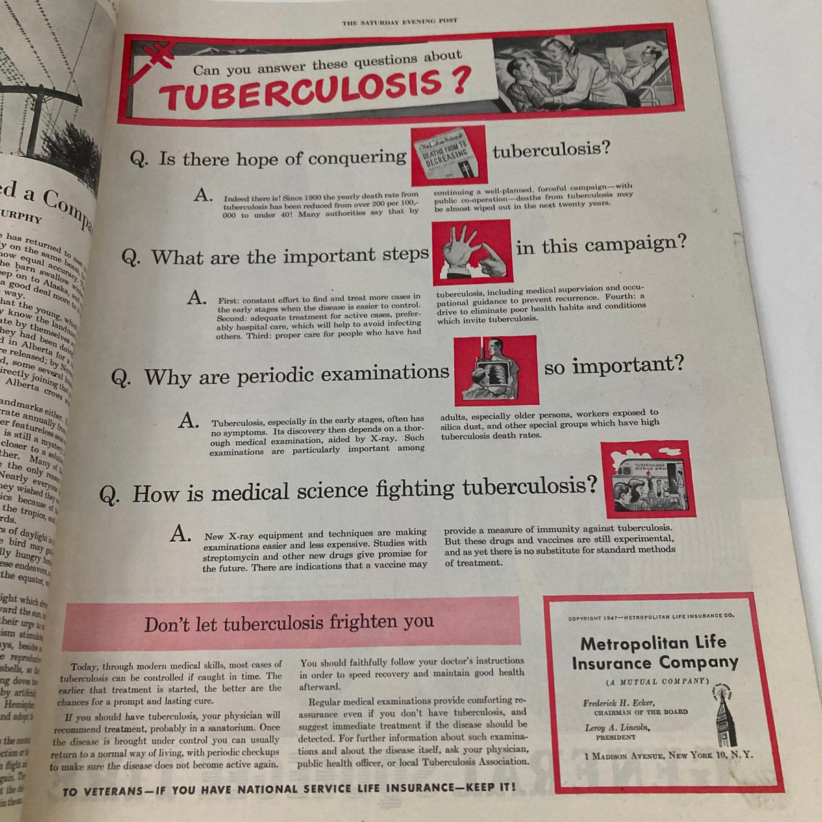 Illustration from the Saturday Evening Post Magazine April 12, 1947 discussing tuberculosis awareness and prevention.