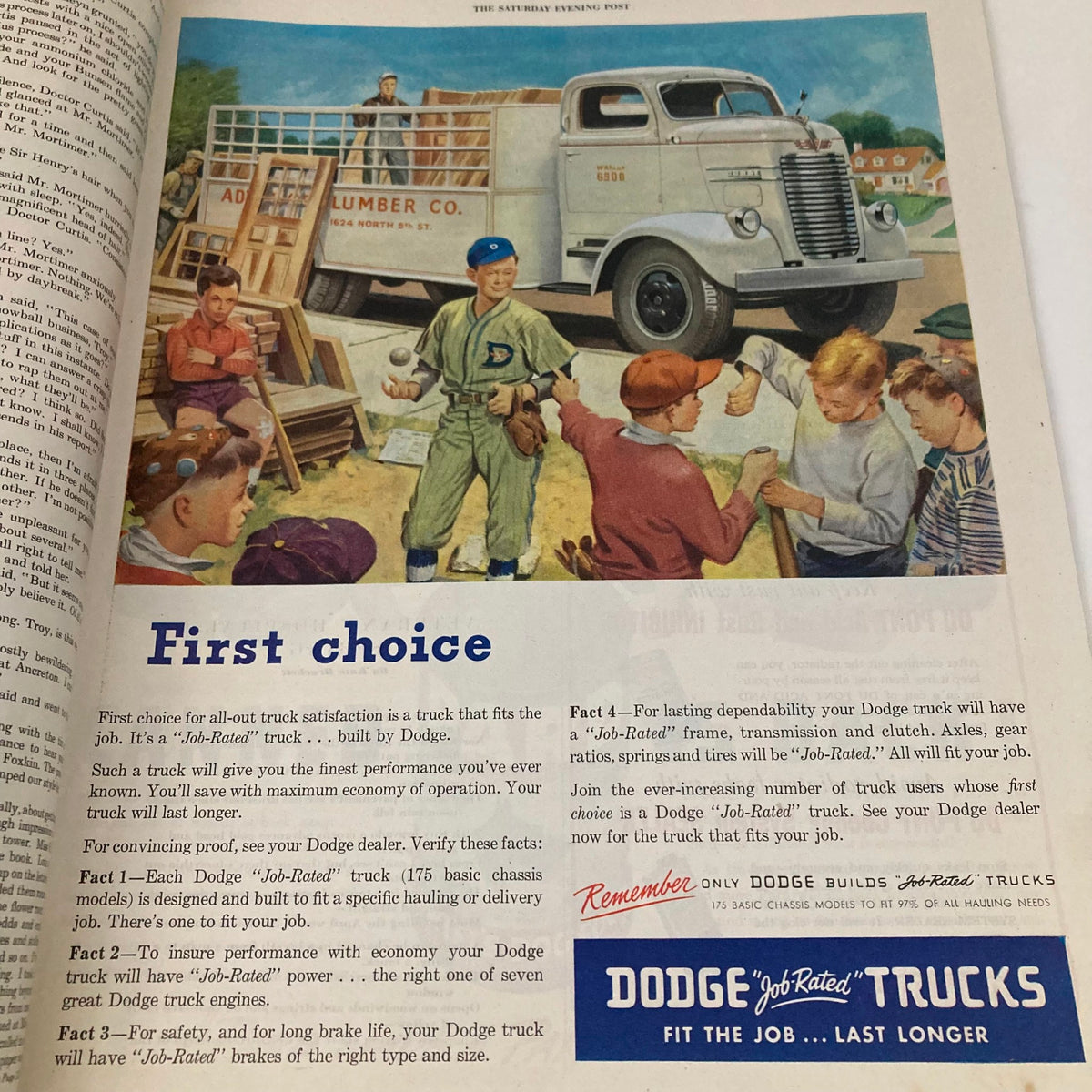 Advertisement for Dodge trucks featuring a family and children interacting around a Dodge Job-Rated truck in the Saturday Evening Post Magazine April 12, 1947.