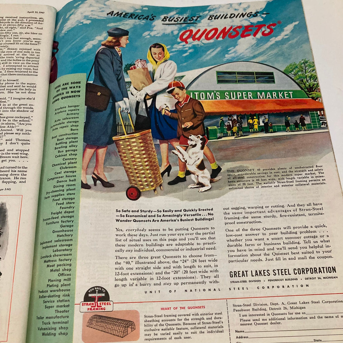 Colorful illustration promoting Quonset huts and their versatility in construction, featured in the Saturday Evening Post Magazine April 12, 1947.