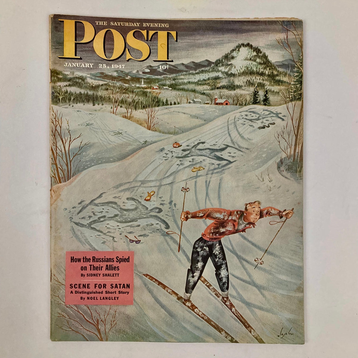 Cover of Saturday Evening Post Magazine January 25, 1947 featuring artwork by Big Bromley, depicting a skier in a snowy landscape. The magazine showcases mid-20th century Americana.