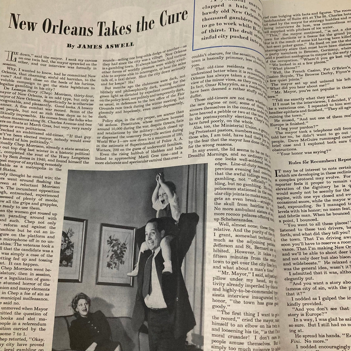 Article page titled 'New Orleans Takes the Cure' in Saturday Evening Post Magazine January 25, 1947, featuring a photograph of a mayor and a child.