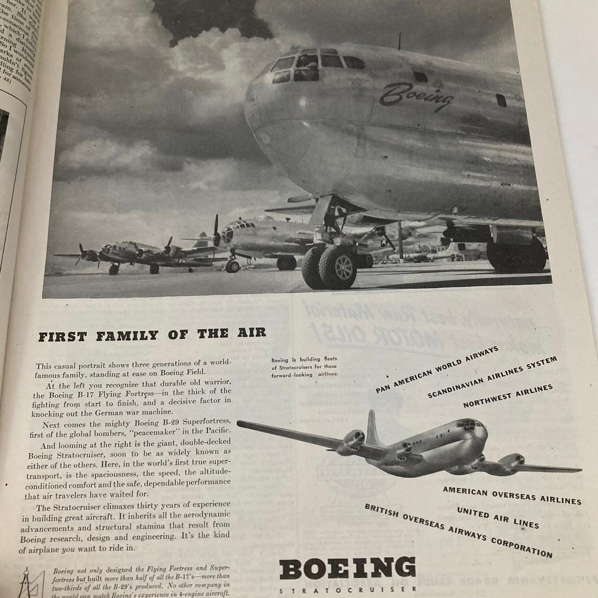 Saturday Evening Post Magazine January 25 1947 Big Bromley - Alajalov No Label - Boeing aircraft featured with the caption 'First Family of the Air' highlighting aviation history of the late 1940s.