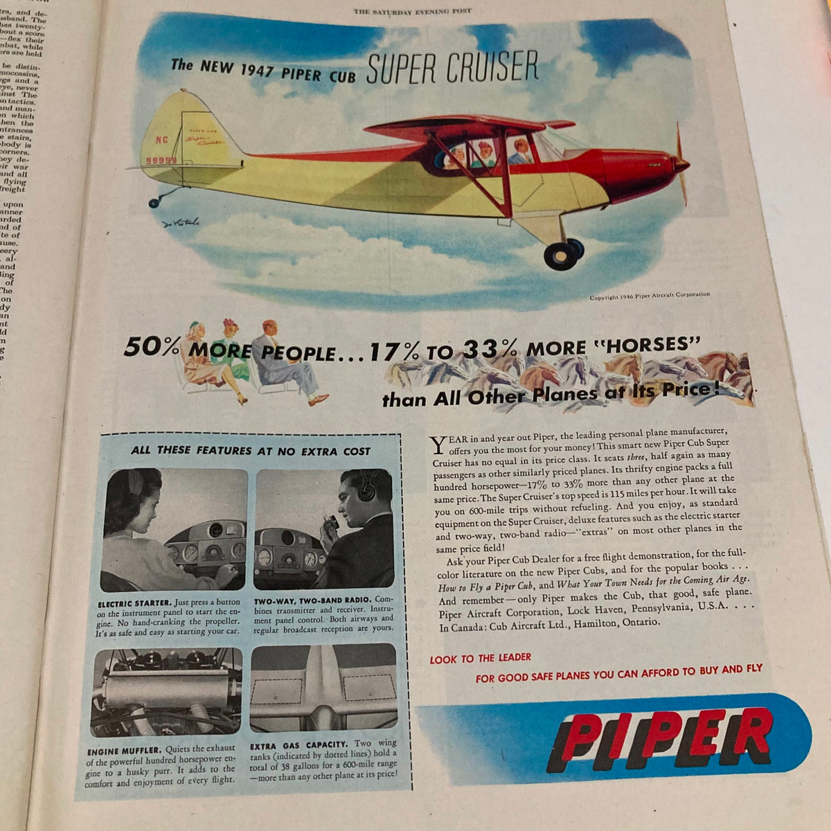Saturday Evening Post Magazine January 25 1947 Big Bromley - Alajalov No Label - Ad for the 1947 Piper Cub Super Cruiser, featuring vibrant illustrations and highlighting features of this personal aircraft.