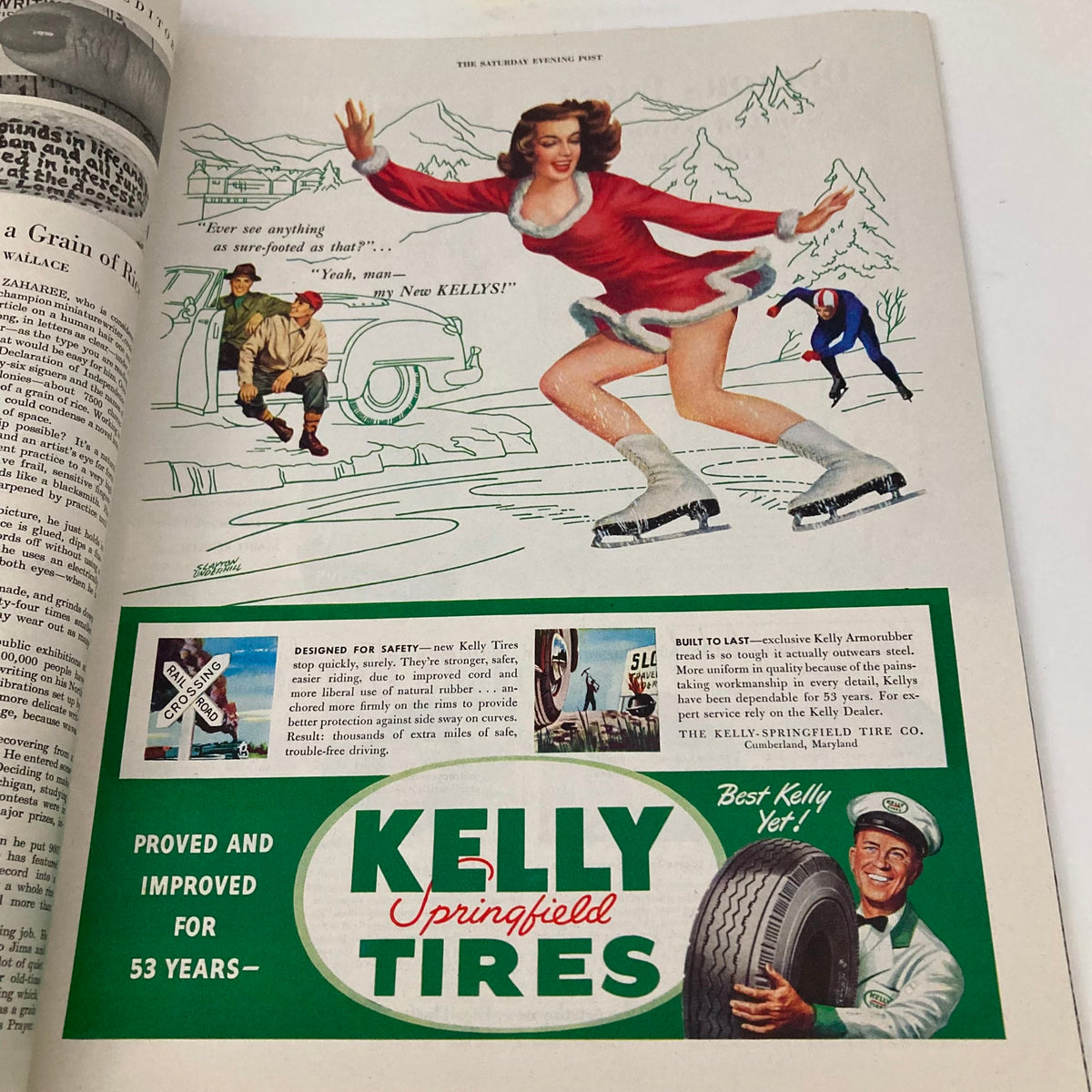 Vintage advertisement for Kelly Tires featuring a woman in a red skating outfit promoting tire safety, from the Saturday Evening Post magazine dated February 22, 1947.