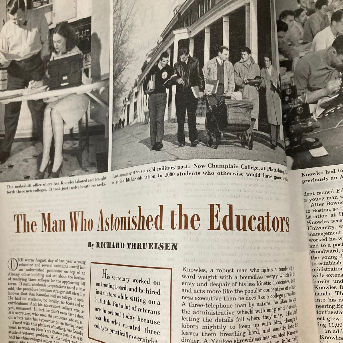 Feature story titled 'The Man Who Astonished the Educators' with images of Asa Knowles and college students, from the Saturday Evening Post magazine dated February 22, 1947.