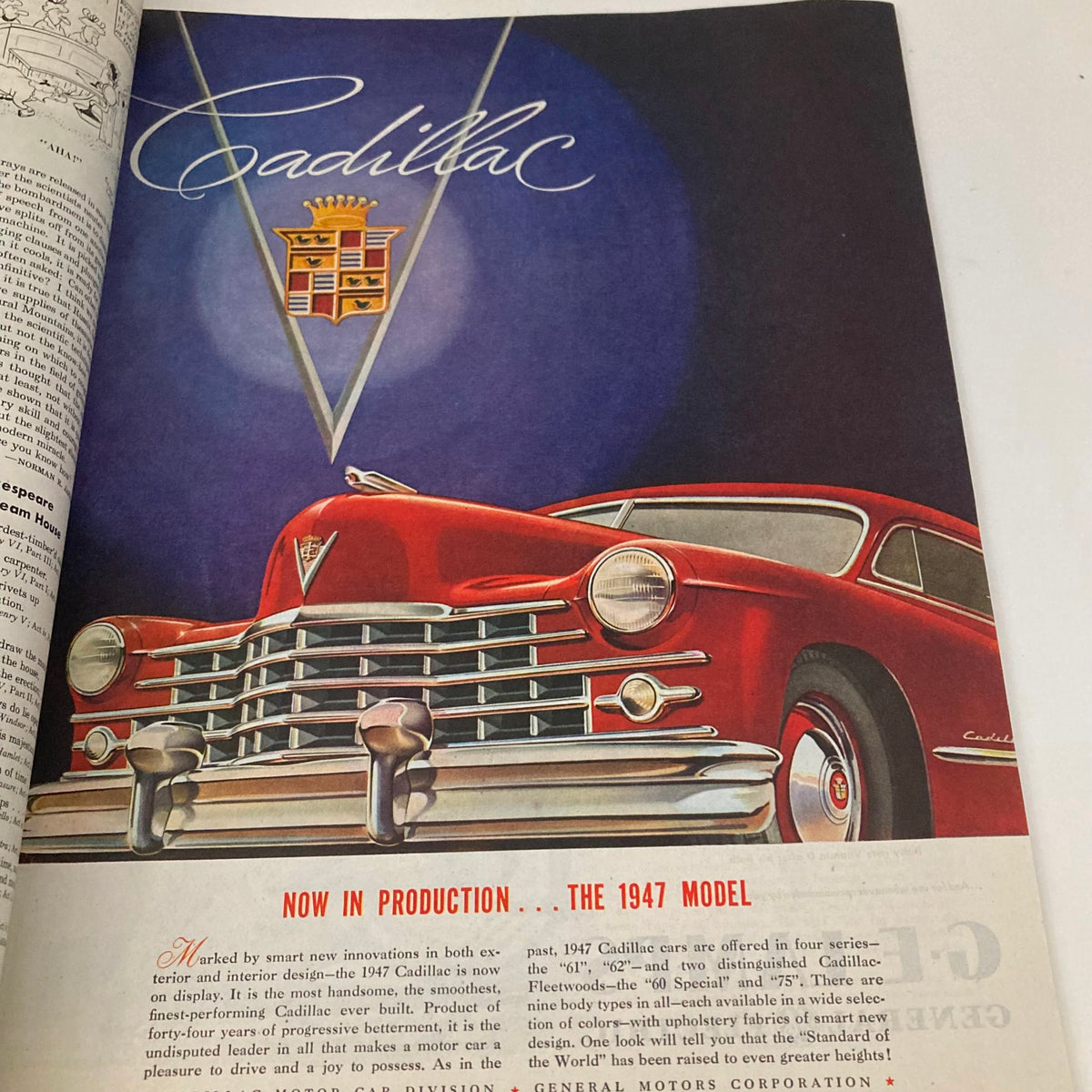 Advertisement for the 1947 Cadillac showcasing the car's elegant design and features, from the Saturday Evening Post magazine dated February 22, 1947.