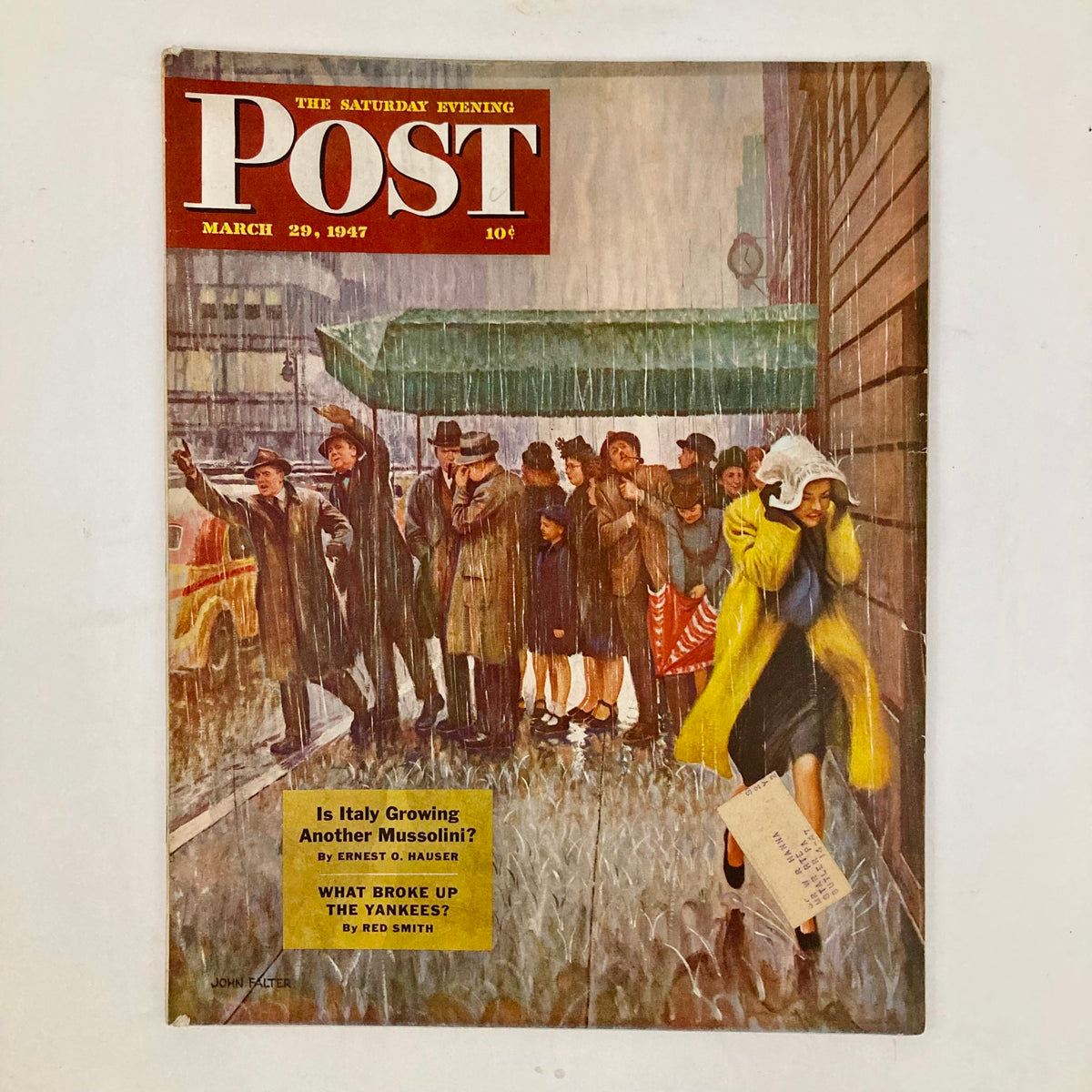Cover of the Saturday Evening Post Magazine from March 29, 1947, featuring a Big-City Scene illustrated by John Falter, depicting a rainy city street with people in period attire.