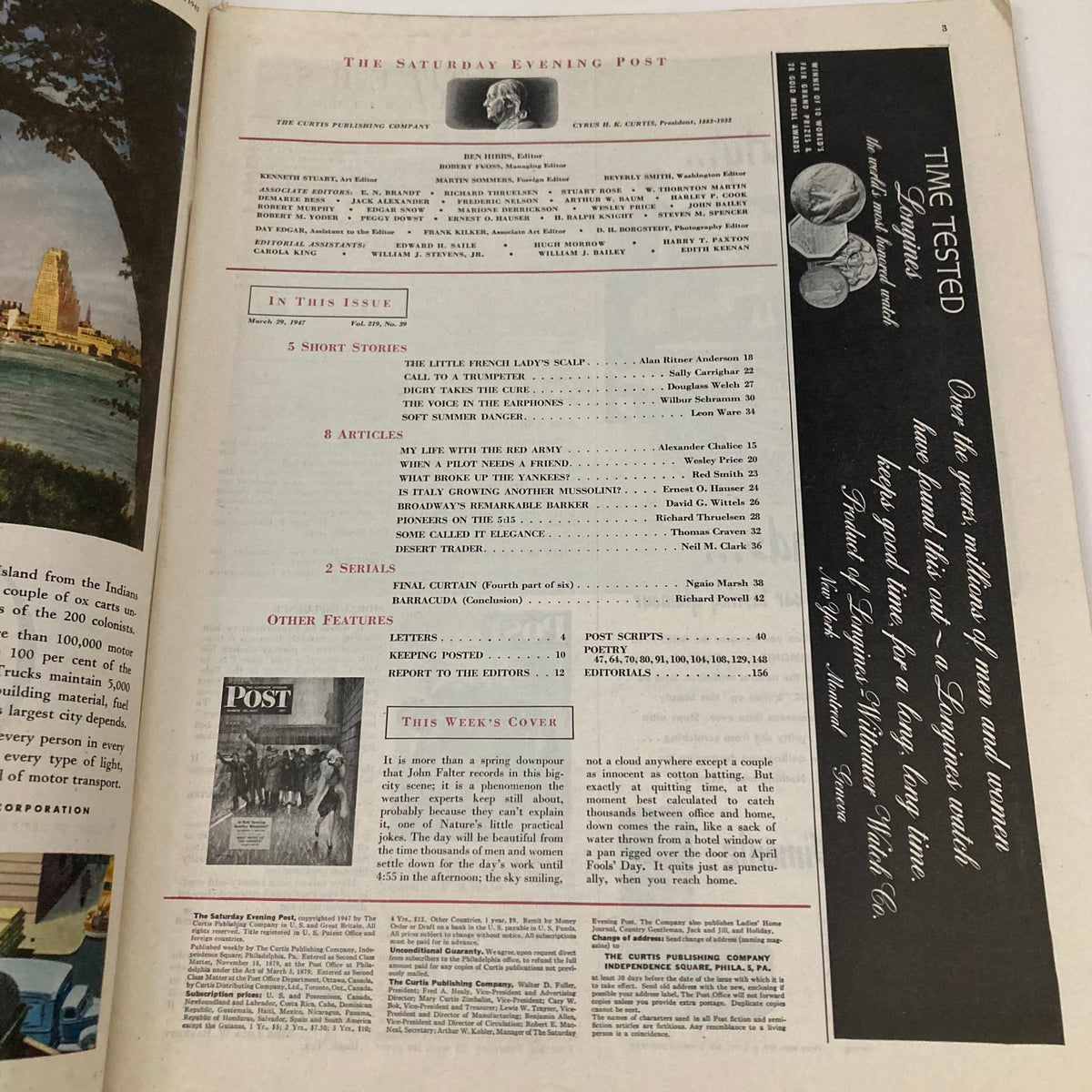Inside page of the Saturday Evening Post Magazine March 29, 1947, showing the table of contents and highlights of featured articles and stories.