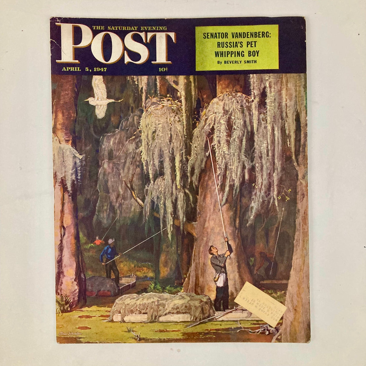 Cover of the Saturday Evening Post Magazine dated April 5, 1947, featuring the artwork 'Watched a Harvest' by Mead Schaeffer, showcasing individuals engaged in a harvest scene amidst a lush forest.