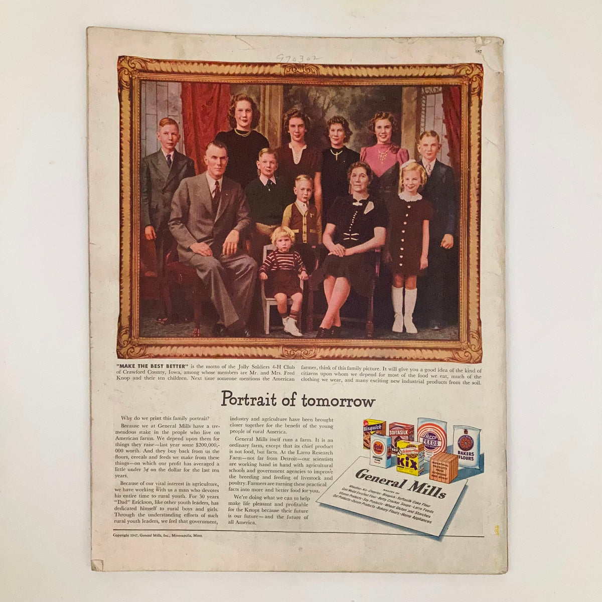 Family portrait advertisement in the Saturday Evening Post Magazine April 5, 1947, displaying a large group of people in formal attire, highlighting the theme of domestic life.