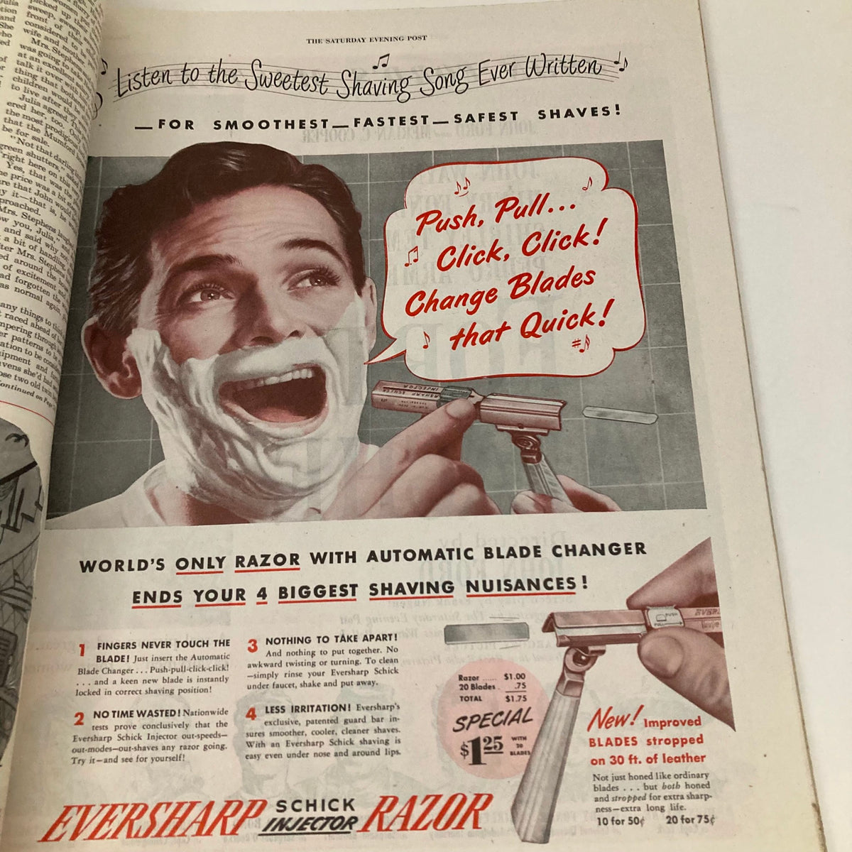 Advertisement for Eversharp Schick Injector Razor featured in Saturday Evening Post Magazine March 20 1948, showcasing a man with shaving cream enjoying a smooth shave.