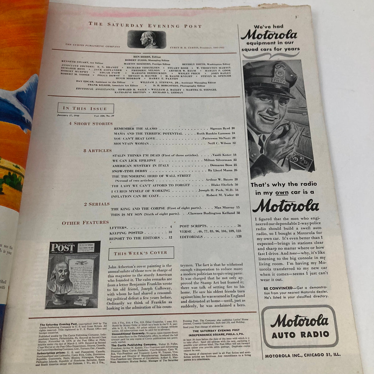 Interior page of Saturday Evening Post Magazine January 17 1948 displaying the table of contents and features including articles on historical events and advertisements.